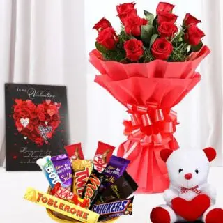 Bunch of 10 red roses, 6 inch white teddy bear, valentine day greeting card, basket of assorted chocolates 