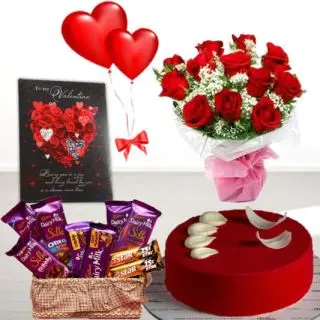 Bunch of 10 red roses, half kg red velvet cake,basket of dairy milk silk chocolates, greeting card with heart shape balloons 