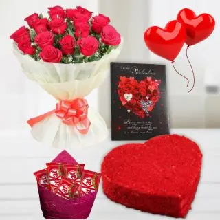 Bunch of 10 red roses, heart shape red velvet 1 kg cake, Greeting card