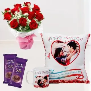 Bunch of 10 red roses , set of 2 dairy milk silk , Photo cushion with photo mug 