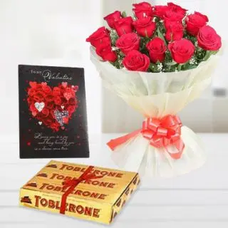 Bunch of 10 red roses, set of 3 toblerone chocolates, valentine Greeting card
