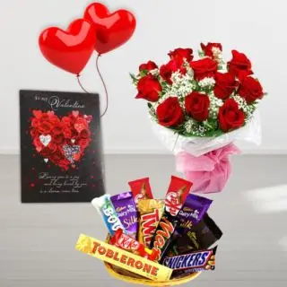 Bunch of 10 red roses, valentine card, 2 heart shape balloons , basket of assorted chocolates 