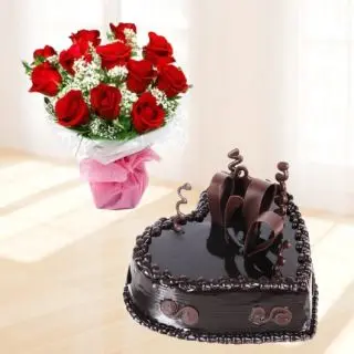 Bunch of 10 red roses with 1 kg chocolate truffle heart shape cake 