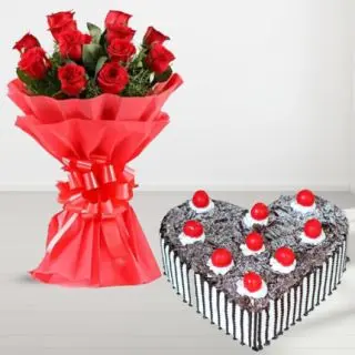 Bunch of 10 red roses with heart shape black forest cake 