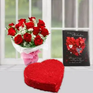 Bunch of 10 red roses with 1 kg heart shape red velvet cake with valentine greeting card 