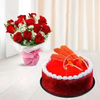Bunch of 10 red roses with red velvet cake 
