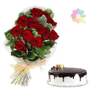 Bunch of 10 red roses with 1 pound choco vanilla cake 