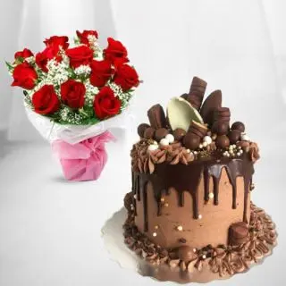 Bunch of 10 red roses with chocolate explosion cool cake 