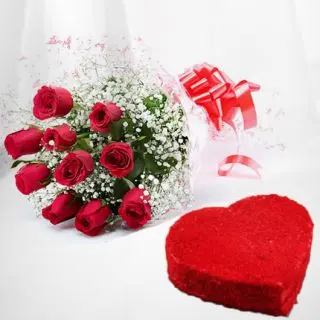 Bunch of 10 red roses with heart shape red velvet cake 