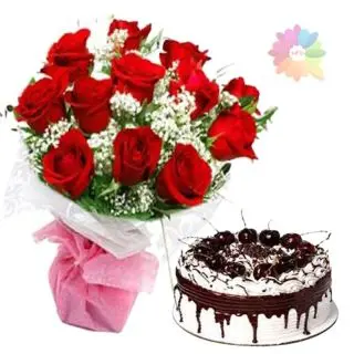 Bunch of 10 red roses with special packing with 1 kg black forest fresh cream cake 