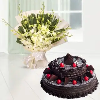 Bunch of 10 white orchids with 2 storey premium chocolate cake in 2.5 kg 