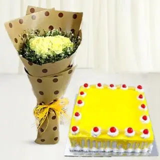 Bunch of 10 yellow carnations with pineapple cool cake 