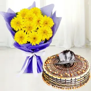 Bunch of 10 yellow gerberas with butterscotch cool cake 