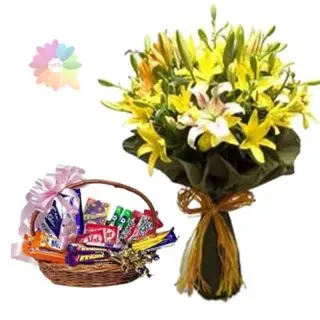 Bunch of 10 yellow lilies with basket of assorted chocolates