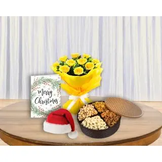 Bunch of 10 yellow roses, Half kg assorted dryfruits box  , Santa Cap with Christmas Greeting card