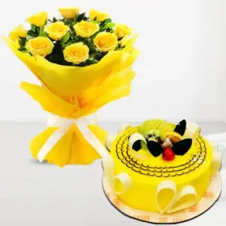 Bunch of 10 yellow roses with 1 kg Designer pineapple cool cake 