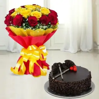 Bunch of red and yellow roses with choco chip cake
