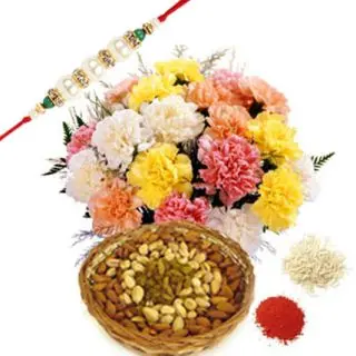 Bunch of 12 mix carnation with 1 kg assorted dry fruits with 1 rakhi and roli chawal