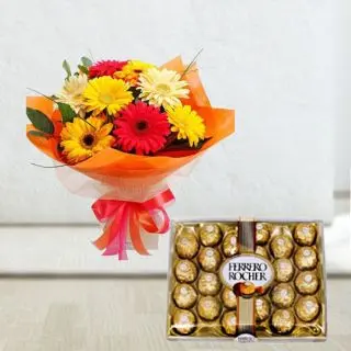 Bunch of 12 mix colour gerberas with box of 24 pcs rocher ferrero chocolates 