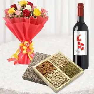 Bunch of 12 mix roses, Bottle of red wine with Box of half kg assorted dryfruits 