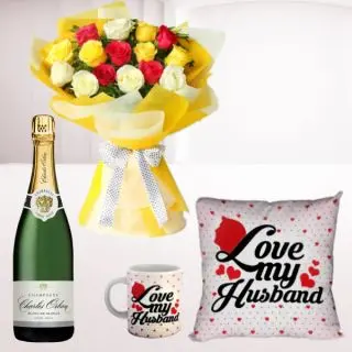 Bunch of 12 mix roses, set of photo cushion with photo mug, bottle of champagne 