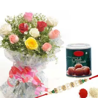bunch of 12 mix roses with 1 kg gilab jamumn with 1 rakhi, and roli chawal