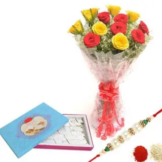 Bunch of 12 mix roses with 1 kg kaju katli with 1 rakhi and roli chawa