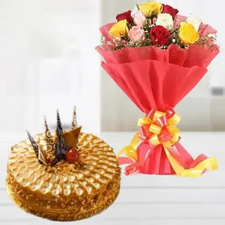 bunch of 12 mix roses with 1 kg premium quality  butterscotch cool cake 