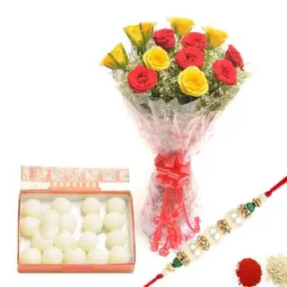 Bunch of 12 mix roses with 1 kg rasgullas with rakhi and roli chawal