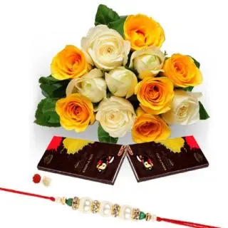 Bunch of 12 mix roses with 2 bournville chocolates with 1 rakhi and roli chawal