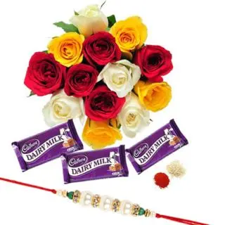 bunch of 12 mix roses with 3 dairy milk  cadburies with 1 rakhi and roli chawa