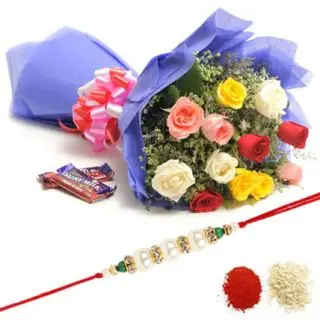 bunch of 12 mix roses with 3 dairy milk cadburies with 1 rakhi and roli chawal