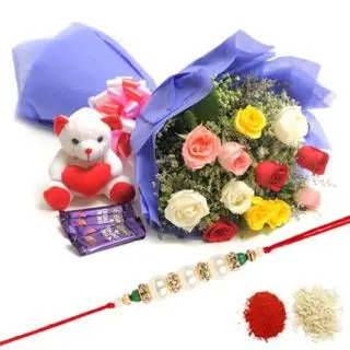 Bunch of 12 mix roses with 3 dairy milk cadburies with 6 inch teddy bear with 1 rakhi and roli chawal