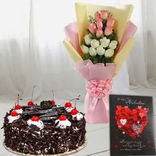 Bunch of 12 pink and white roses, half kg black forest cake, valentine Greeting card 