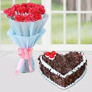 Bunch of 12 pink carnations with black forest heart shape cake 