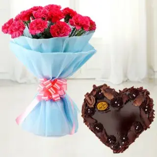 Bunch of 12 pink carnations with heart shape chocolate cake 