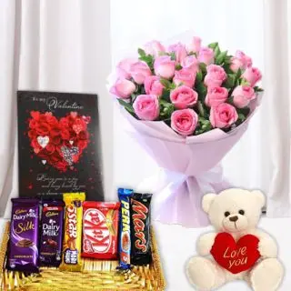 Bunch of 12 pink roses, basket of assorted chocolates, 6 inch teddy bear, valentine day card  