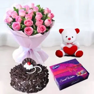 Bunch of 12 pink roses, celebration box of chocolates, black forest cake, 6 inch teddybear 