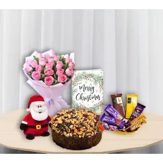 Bunch of 12 pink roses, santa clause soft toy, dryfruit plum cake , Christmas Greeting Card with basket of assorted chocolates
