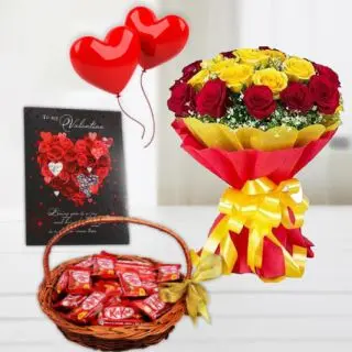 Bunch of 12 red and yellow roses , greeting card, 2 heart shape balloons , basket of kitkat chocolates
