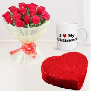 Bunch of 12 red roses, 1 kg heart shape red velvet cake , photo mug 