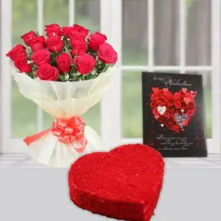 Bunch of 12 red roses, 1 kg heart shape red velvet cake, with valentine greeting card 