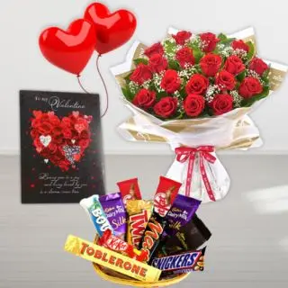Bunch of 12 red roses, basket of assorted chocolates, valentine day card , 2 heart shape balloons 