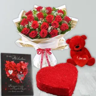 Bunch of 12 red roses, Half kg heart shape red velvet cake, 6 inch height red teddybear with valentine greeting card 