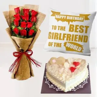 Bunch of 12 red roses, Photo cushion with half kg heart shape white forest cake  