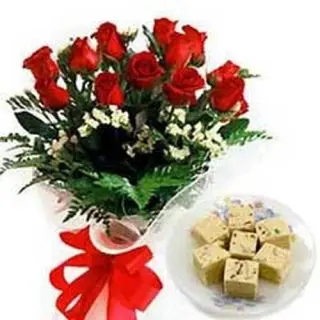 Bunch of 12 red roses with 12 kg Sohan papdi