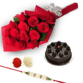 bunch of 12 red roses with 1 kg chocolate truffle with 1 rakhi and roli chawwal