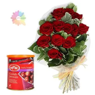 Bunch of 12 red roses with 1 kg gulabjamun