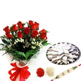 Bunch of 12 red roses with 1 kg kaju katli with 1 rakhi and roli chawal
