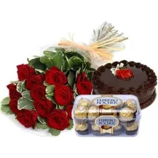 Bunch of 12 Red Roses with 1 pound chocolate fantasy and Ferrero Rocher chocolate